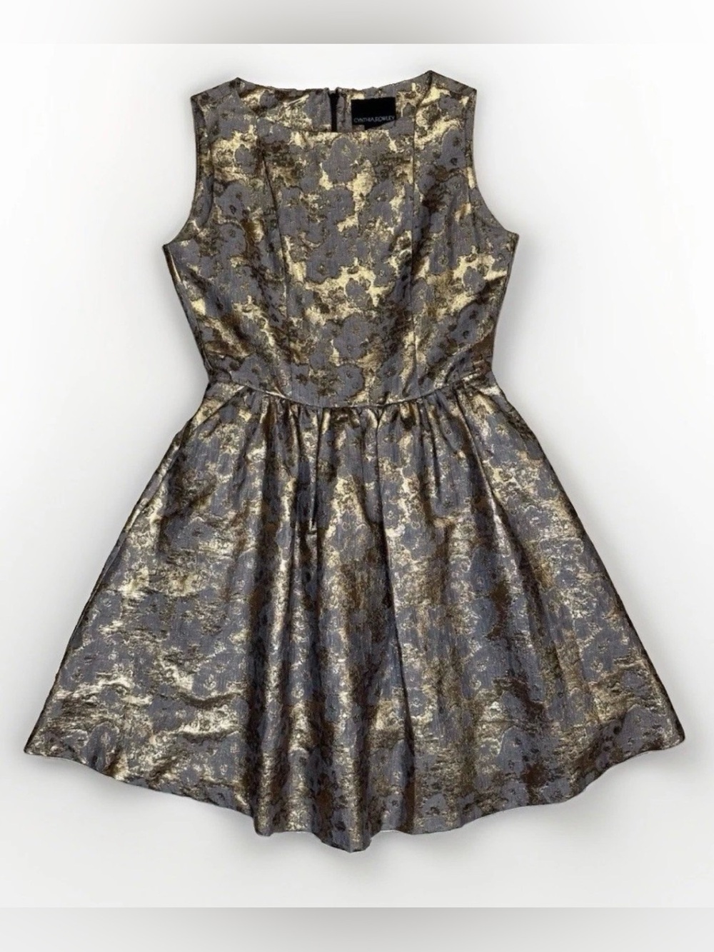 Gray Gold Metallic Fit & Flare Jacquard Cocktail Dress Cynthia Rowley Sz 2 Zip